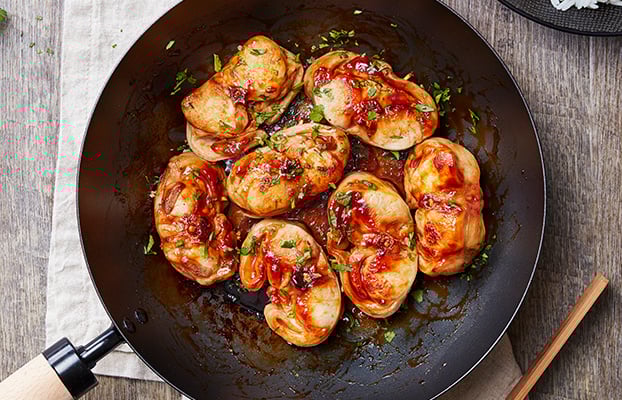 Râbles de lapin au miel et balsamique, sautés au wok