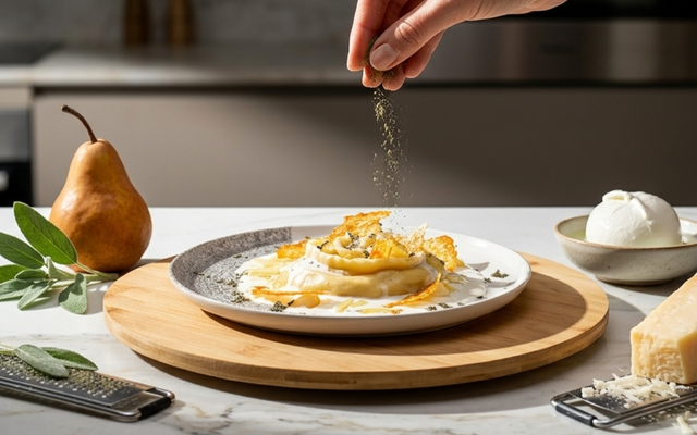“Tagliatella farcita” à la Mozzarella di Bufala Campana AOP et à la poire caramélisée, sur fondue et tuiles croustillants de Asiago AOP