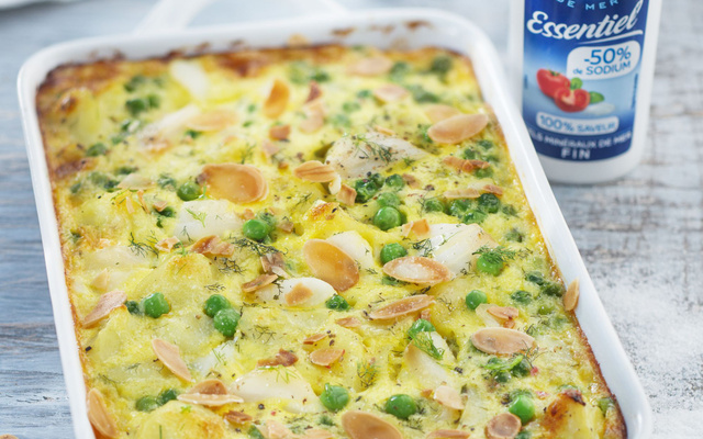 Clafoutis de poisson pommes de terre et petits pois