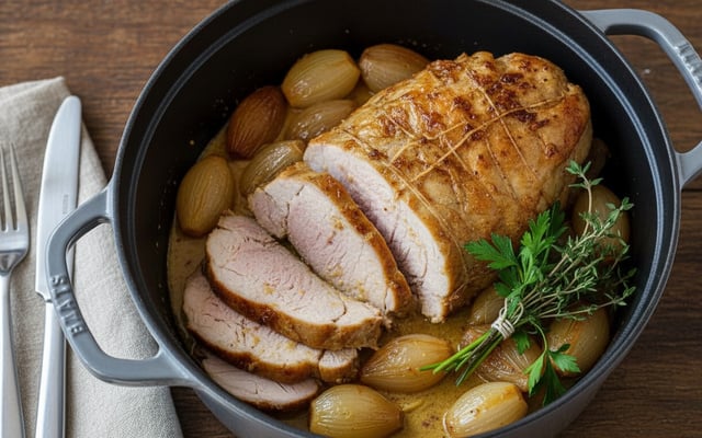 Rôti de porc en cocotte à la moutarde et petits oignons