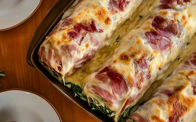 Rouleau d'épinard au jambon gratiné à la béchamel