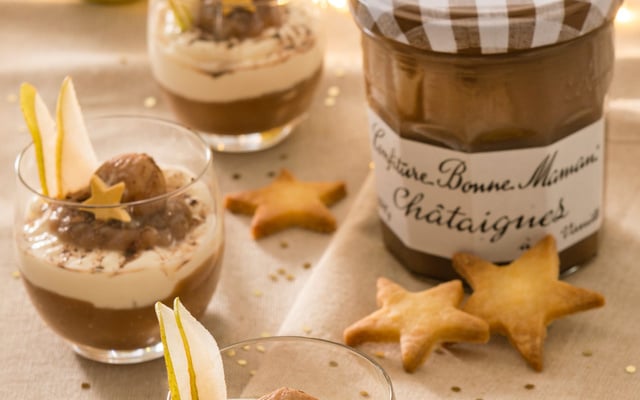 Verrines de mousse aux poires et confiture de Châtaignes