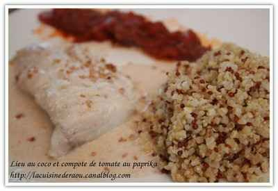 Filet de lieu jaune au coco, compote de tomate au paprika et quinoa