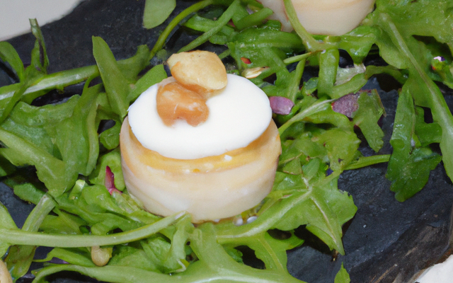 Noix de St Jacques en petit pique de Bayeux sur buissonnière de roquette