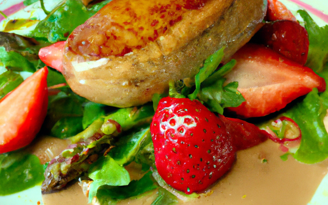 Foie Gras poêlé, Aperges Vertes en Vinaigrette de Fraises