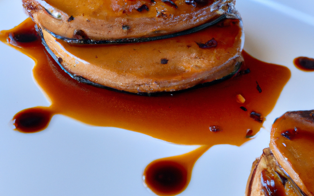 Escalopes de foie gras poélées sur tarte Tatin sauces au vieux porto et cacao
