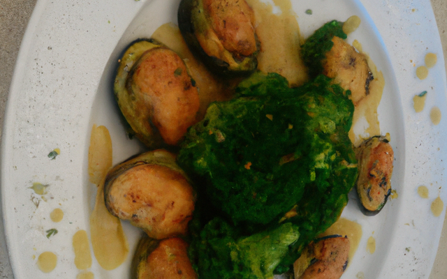 Médaillon de seiches et moules au coulis de brocolis et à l'huile de noix