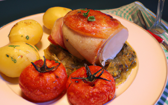 Poulet grillé à la moutarde, tomate farcie aux légumes de saison et gratin de pomme de terre