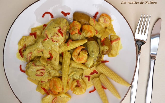 Poulet et crevettes au lait de coco et épices colombo