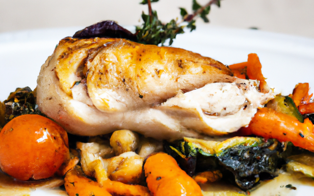 Poulet grillé, légumes d'hiver et sauce aux herbes fraîches