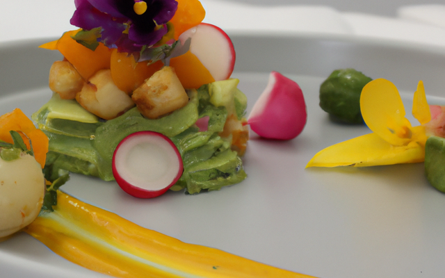 Jardin de légumes et fleurs sur lit de guacamole, vinaigrette vanillée Noix de saint jacques juste poêlée au beurre salé, reduction orange mangue
