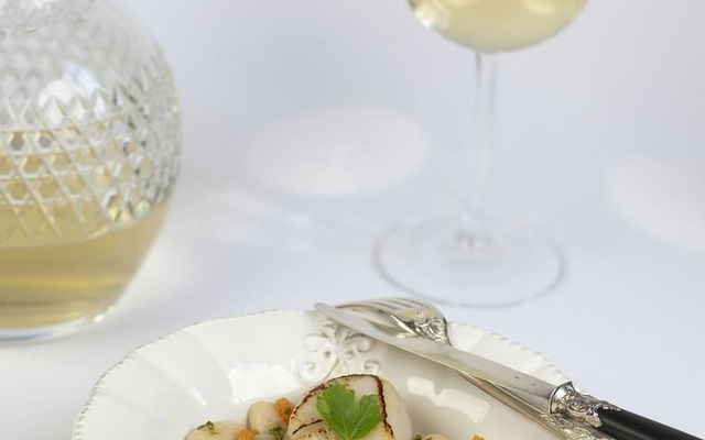 Haricots Tarbais tièdes et potiron, vinaigrette de persil et Saint-Jacques rôties par Mamina