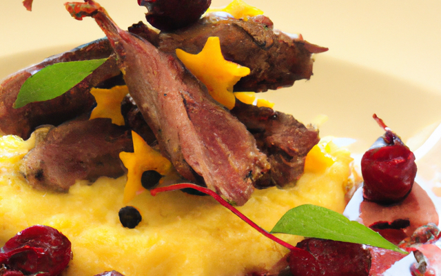 Aiguillettes de canard, poêlée de cerise et polenta