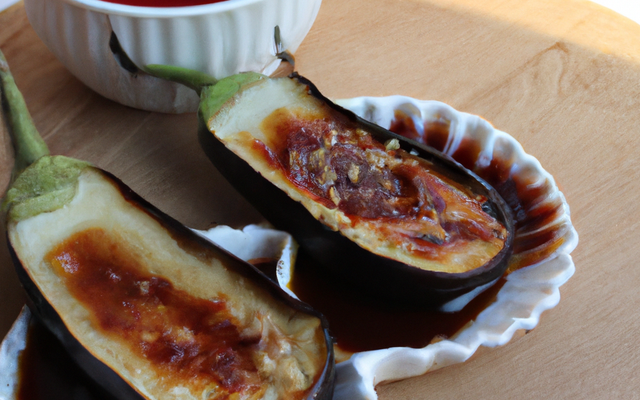Aubergine au thé fumé, condiment ketchup-miso-poivrons