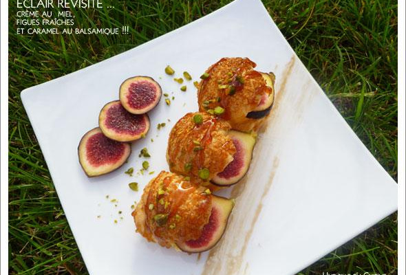 Eclair, crème légère au miel, figues fraîches et caramel au balsamique