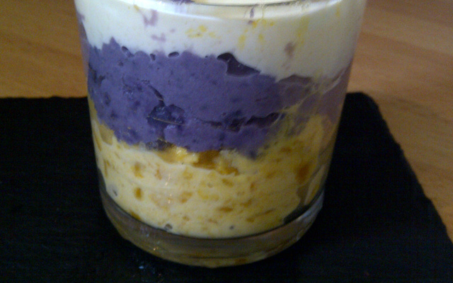 Verrine potimarron, vitelotte, camembert
