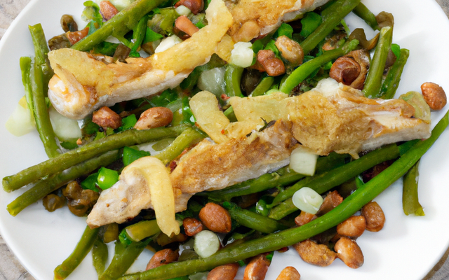Bar de pêche côtier parsemé de noisette, haricots tarbais en vinaigrette et pignons de pin