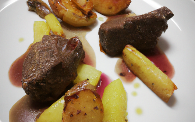 Agneau en tapenade, sauce miroir et pommes fondantes