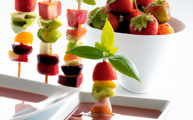 Brochette de fruits au sirop et sa soupe de fraise au basilic