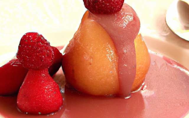 Poire pochée au cidre et aux framboises