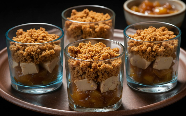 Verrines de foie gras, compotée de pommes et crumble de pain d'épice