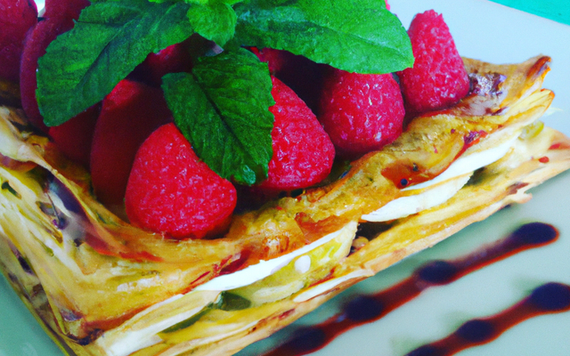 Mille Feuilles aux poires de Groslay miélées, coulis de framboises et menthe de Milly