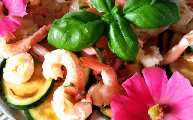 Courgettes aux crevettes roses et basilic frais