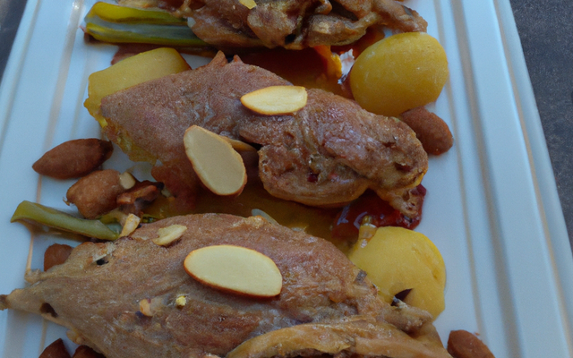 Canard farci aux abats de volaille, amandes et échalotes