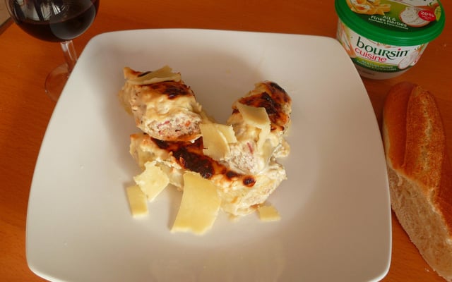 Rouleaux de feuilles de choux gratinées au Boursin ail et fines herbes