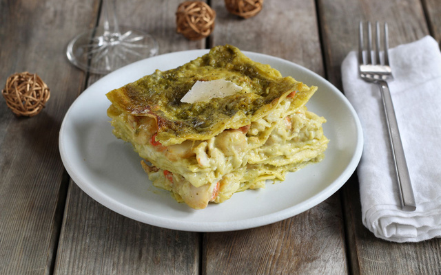 Lasagne au pesto, crabe et Saint-Jacques