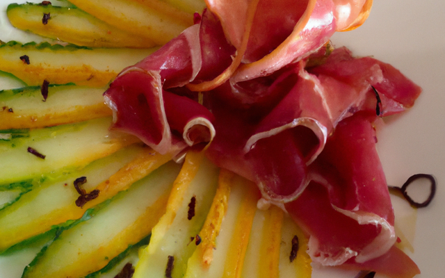 Melon rôti au miel, citron vert et poivre long de Java, chips de bresaola