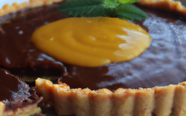 Tarte chocolat gingembre, coulis de mangue