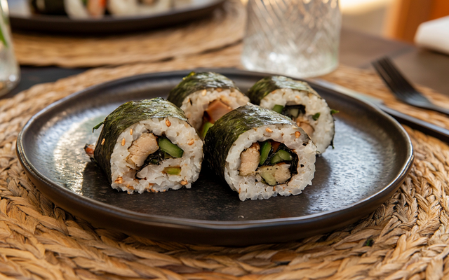 Maki aux asperges, avocat, surimi & shiitake