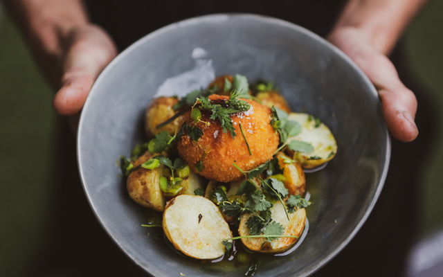 Salade de pomme de terre, œuf mollet frit et vinaigrette au citron confit