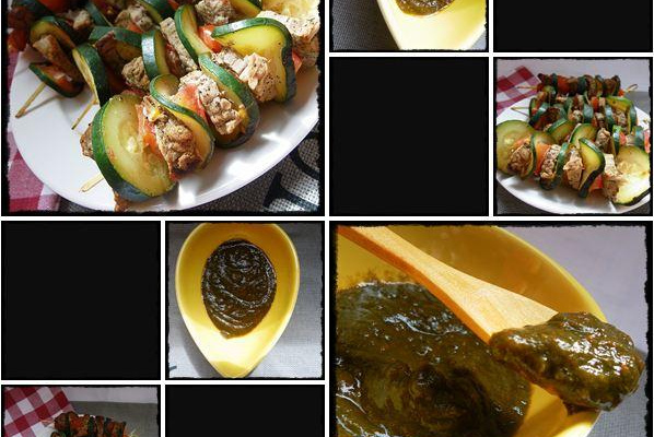 Mini brochettes de bœuf et coulis de poivrons épinards