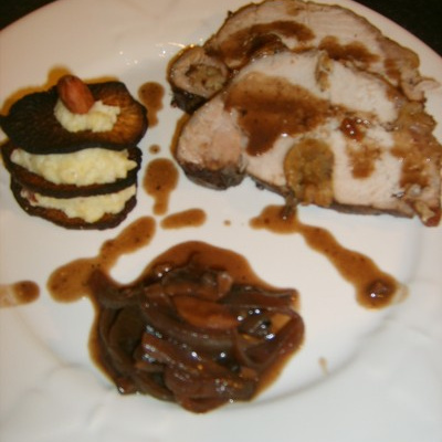 Rôti de porc aux marrons glacés, millefeuille de rutabaga