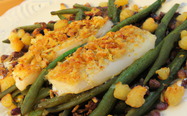 Crumble de dos de cabillaud aux noix de cajou et fagots de haricots verts