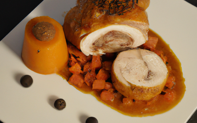 Suprêmes de volaille farcis aux canneberges en robe de lard, écrasé de potimarron et sa tuile de lard