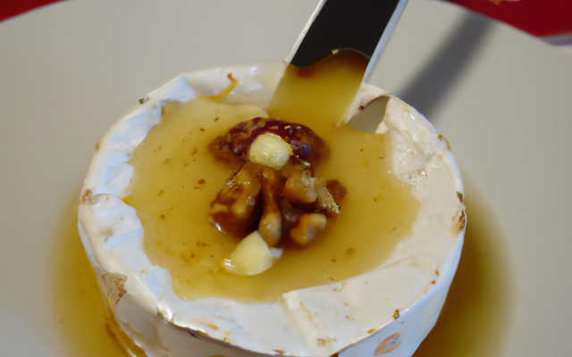 Fondue de camembert de Normandie au miel et noix sur canapé
