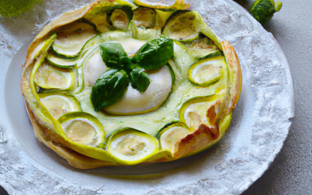 Tarte feuilletée aux courgettes, goujonnettes de sole et émulsion de basilic