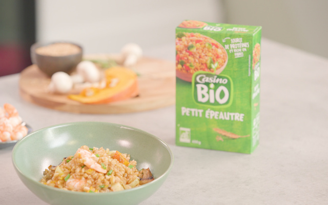 Salade de petit épeautre aux légumes d'automne et aux crevettes