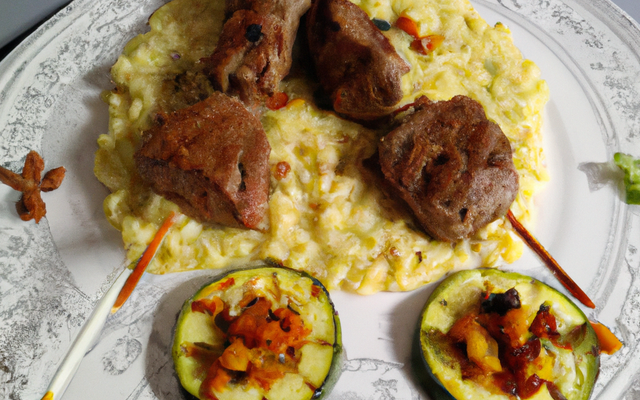 Brochette d'agneau tikka au yaourt de brebis, risotto de lentilles corail aux courgettes