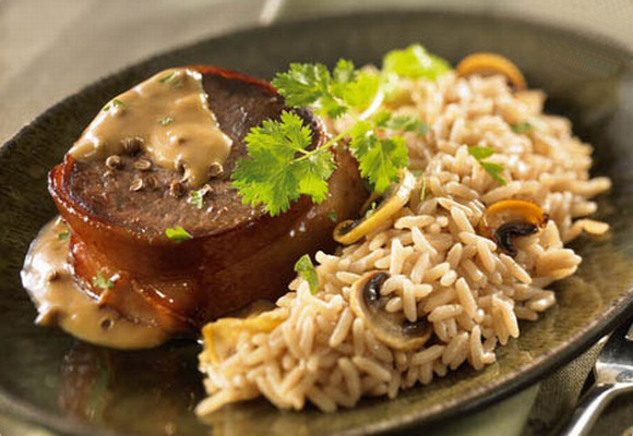 Tournedos à la coriandre et au riz aux champignons