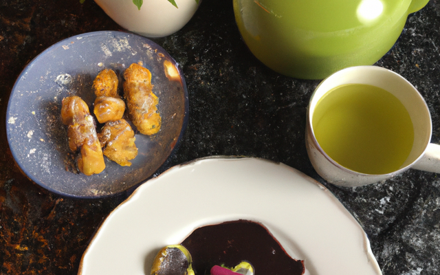 Tempura de bananes, perles de chocolat au wasabi et thé vert