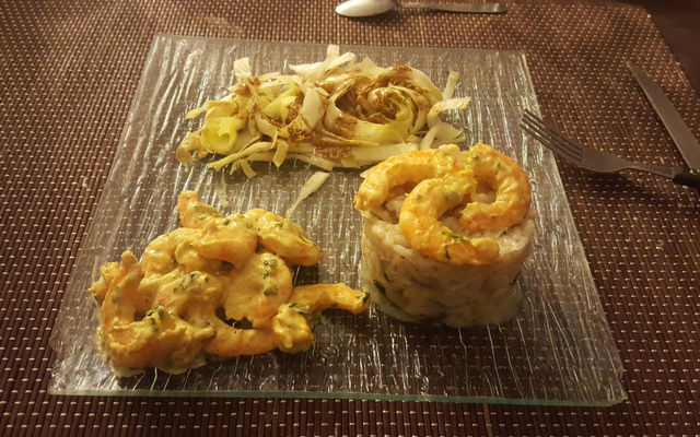risotto aux poireaux et coteaux du Layon et ses crevettes curry-coco