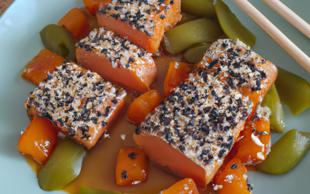 Saumon laqué maison, sésame et pois cassés au poivre chinois