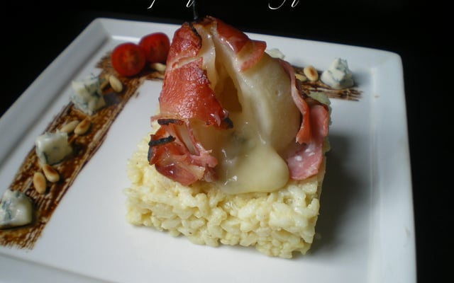 Risotto à la pancetta et sa poire fondante au gorgonzola