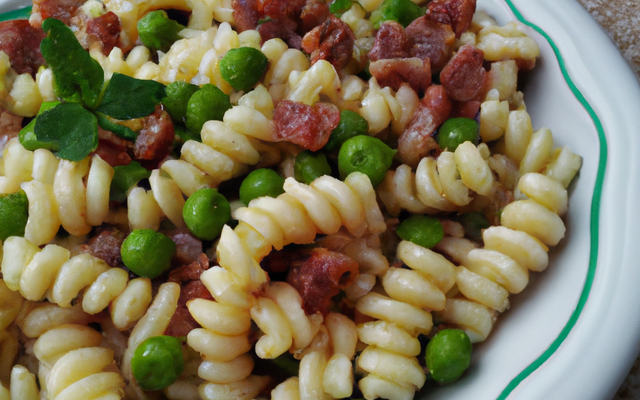Fusilli aux petits pois et bacon