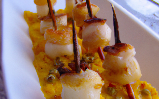 Brochettes de Saint-Jacques vanillées, écume vanille / safran et noisettes torréfiées