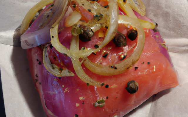 Papillote de saumon sur lit de tapenade et oignon rouge